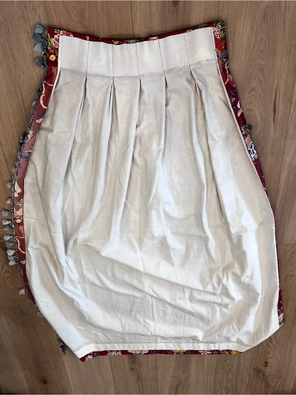 Set of 4 Custom Chinoiserie Lined Drapery Panels Burgundy Tassel Trim 21x62”